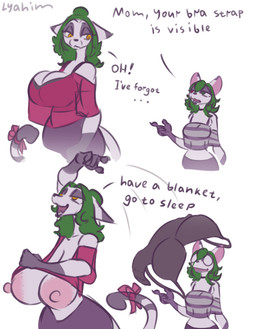 accessory anthro areola big_areola big_breasts big_nipples biped black_bra black_clothing black_underwear bow_ribbon bra breasts claws cleavage clothed clothing dialogue duo female female/female finger_claws furgonomics green_areola green_eyes half-closed_eyes heterochromia huge_breasts narrowed_eyes nipples pink_areola pink_nipples red_eyes ribbons sagging_breasts tail tail_accessory tail_bow tail_ribbon text underwear yellow_eyes lyahim bra_strap_showing_(meme) muramayi_(lyahim) tsukareta_(lyahim) domestic_cat felid feline felis mammal 2026 digital_media_(artwork) english_text hi_res meme
