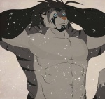 abs anthro biceps black_hair blue_eyes clothed clothing fur hair male muscular muscular_anthro muscular_male outside pecs pink_nose snow snowing solo stripes tail topless dazen_cobalt dazen_(character) felid mammal pantherine tiger