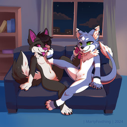 anthro anthro_on_anthro black_body black_fur black_hair black_tail blue_body blue_fur bookshelf crotch_tuft duo fangs featureless_crotch feet foot_fetish foot_on_face fur furniture glistening glistening_eyes green_eyes hair inner_ear_fluff inside male male/male night nude open_mouth purple_eyes purple_inner_ear_fluff purple_nose purple_tongue short_hair tail tail_tuft teeth tongue tuft white_body white_fur white_tail window martinballamore canid canine mammal 1:1 absurd_res hi_res