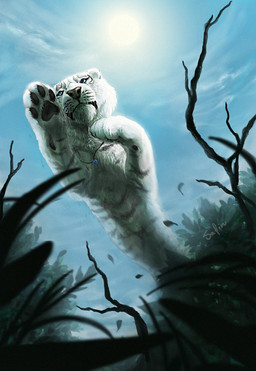 ambiguous_gender black_lips black_pawpads blue_eyes cloud day feral fur grass jewelry jumping leucistic lips low-angle_view nature necklace outside pawpads paws plant running sky solo sun white_body white_fur safiru felid mammal pantherine tiger