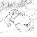 1:1 alligator alligatorid ambiguous_gender anthro azathura belly big_belly claws comic crocodilian hi_res hunter monochrome reptile scales scalie teeth vore