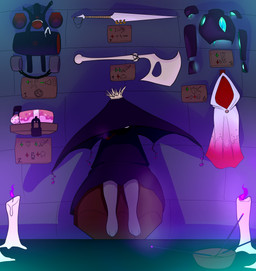 ambiguous_gender anthro axe blood bodily_fluids bondage_gear bondage_gloves candle chastity_cage chastity_device cloak clothing collar cursed_object flat_chastity_cage gag_mask handwear heavy_armor incense light_armor melee_weapon merchant metal_chastity_cage pink_chastity_cage robe smoking_pipe store sword symbol tentaclothes weapon privvys-art unknown_species absurd_res hi_res