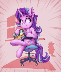 chair cheek_tuft chest_tuft computer cutie_mark electronics eyelashes facial_tuft female feral fluffy fur furniture hair head_tuft holding_object horn inner_ear_fluff laptop multicolored_hair pink_body pink_fur pupils purple_hair purple_tail sitting small_pupils solo tail tuft two_tone_hair two_tone_tail unicorn_horn wide_eyed zeepheru_pone friendship_is_magic hasbro my_little_pony mythology starlight_glimmer_(mlp) equid equine mammal mythological_creature mythological_equine unicorn digital_media_(artwork) hi_res