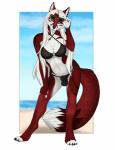 4_toes 5_fingers anthro balls_in_underwear biped breasts bulge clothing eyewear feet fingers fur glasses gynomorph hair intersex long_hair looking_at_viewer red_body red_fur simple_background smile solo swimwear toeless_(marking) toes white_hair accelo naomi_fox canid canine fox mammal 2019 digital_media_(artwork) hi_res