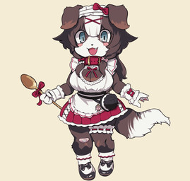 4_fingers anthro band-aid band-aid_on_knee band-aid_on_leg bandage big_breasts black_bow black_clothing black_footwear black_shoes blue_eyes blush breasts brown_body brown_fur brown_hair cleavage clothed clothing cute_fangs fangs female female_anthro fingers footwear fur hair looking_at_viewer maid_uniform multicolored_body multicolored_fur open_mouth open_smile pawpads pink_pawpads red_bow shoes simple_background smile socks solo standing tail teeth two_tone_body two_tone_fur uniform white_body white_clothing white_footwear white_fur white_hair white_socks wooden_spoon yellow_background h@nk phase_connect vtuber bibi_biscuit canid canine canis domestic_dog mammal 2025