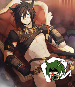abs biped black_hair blood blue_eyes blush bodily_fluids chair clothed clothing clothing_lift convenient_censorship female furniture green_hair hair inside looking_at_viewer male male_humanoid muscular muscular_male navel nipples nosebleed pecs shirt shirt_lift sitting solo topwear sollyz final_fantasy final_fantasy_xiv square_enix haruz sundyz animal_humanoid cat_humanoid felid felid_humanoid feline feline_humanoid humanoid mammal mammal_humanoid miqo'te 2020 hi_res