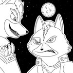 angry anthro detailed_background fur male moon sharp_teeth smile teeth seabreeze629 nintendo star_fox fox_mccloud wolf_o'donnell canid canine canis fox mammal wolf 1:1 black_and_white monochrome