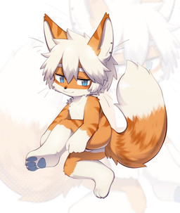 4_toes anthro big_tail blue_eyes blue_pawpads butt ear_piercing feet fox_ears fox_tail fur hair kemono looking_at_viewer male male/male orange_body orange_fur pawpads piercing shota small_body solo tail toes white_body white_fur white_hair young young_anthro asakai hu_ku_li_(milkybot) canid canine fennec_fox fox mammal true_fox