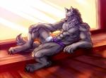 abs anthro black_nose bulge claws clothed clothing fur green_eyes grey_body grey_fur jockstrap male muscular muscular_anthro muscular_male reclining solo topless underwear fudchan thundergrey canid canine canis mammal wolf