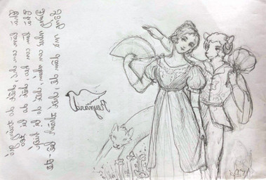 anthro bottomwear clothing duo ears_up eyebrows female flower fur gloves grass handwear horn male male/female pants plant shirt skirt text topwear wool_(fur) reynard_goodfellow reynard_the_baa bovid caprine human mammal sheep monochrome