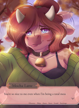 anthro autumn bell blue_eyes blush bodily_fluids bra breasts brown_hair cleavage clothed clothing collar cowbell ear_flick falling_leaves female hair horn solo sweater tears text text_box topwear underwear ardail mocha_latte_(ardail) bovid bovine cattle mammal english_text hi_res
