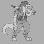 anthro barefoot belt belt_pouch claws clothing feet fur gun hat headgear headwear kar98k long_ears ranged_weapon simple_background solo uniform weapon weapon_on_shoulder whiskers xenopera kobold 1:1 2021 digital_media_(artwork) monochrome