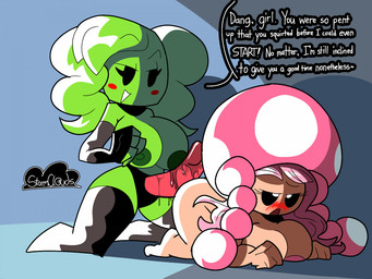 armwear barefoot big_breasts black_clothing black_eyes black_gloves black_handwear black_legwear black_sclera black_stockings black_thigh_highs blue_background blush bodily_fluids breasts clothed clothing dialogue duo elbow_gloves eyebrow_through_hair eyebrows feet female female/female fungus genital_fluids gloves green_body green_hair green_nipples green_skin hair half-closed_eyes handwear legwear light-skinned_female light_body light_skin mushroom narrowed_eyes nipples noseless nude nude_female open_mouth pink_hair pink_nipples sex sex_toy shortstack simple_background simple_face smile stockings strapon text thick_thighs thigh_highs topless topless_female translucent translucent_hair vaginal vaginal_fluids white_eyes wide_hips unfortu-nate mario_bros nintendo paper_mario mimi_(paper_mario) toadette humanoid 2022 digital_media_(artwork) english_text