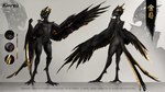 anthro black_body feathered_wings feathers feet male pose purple_body purple_feathers solo standing talons text toes tongue tongue_out wings yellow_body yellow_feathers liit_alles kinryu_(aeternum) aelorian avian absurd_res hi_res huge_filesize japanese_text model_sheet