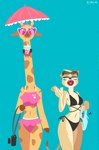 anthro bag beverage bikini bikini_bottom bikini_top blue_background breasts camera clothing collar container cup drinking drinking_straw duo eyelashes eyewear eyewear_on_head female fur furgonomics headgear heart_sunglasses ice long_neck looking_at_another medium_breasts narrowed_eyes navel open_mouth simple_background size_difference standing sunglasses sunglasses_on_head swimwear teeth tongue tuft two-piece_swimsuit umbrella hydrabb angela_(hydrabb) felid feline giraffe giraffid mammal 2022 digital_media_(artwork) lineless signature