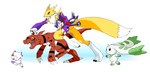 anthro armwear carrying_another carrying_partner claws clothing female fur group long_ears male open_mouth open_smile running simple_background smile teeth yuriyuri_(ccc) bandai_namco digimon calumon canid digimon_(species) guilmon impmon mammal renamon scalie terriermon 2021 hi_res