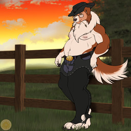 anthro barefoot black_nose brown_body brown_fur chaps clothed clothed_anthro clothed_male clothing cowboy_hat eyewear feet floppy_ears folded_ears fur glasses hat headgear headwear male mature_anthro mature_male multicolored_body multicolored_fur musclegut muscular muscular_anthro muscular_male navel nipples rectangular_glasses solo standing tail topless topless_anthro topless_male two_tone_body two_tone_fur wearing_glasses wearing_hat white_body white_fur sweetbitters sesquin canid canine canis collie domestic_dog herding_dog mammal pastoral_dog rough_collie sheepdog 1:1 hi_res