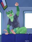 anthro bottomless clothed clothing erection eyes_closed fur fur_tuft genitals glans green_body green_ears green_fur green_inner_ear green_inner_ear_fluff inner_ear_fluff inside male penis pink_glans pink_hands pink_nose pink_penis pink_tongue shirt solo teeth tongue topwear tuft rinzy american_opossum mammal marsupial 2020 3:4 hi_res signature