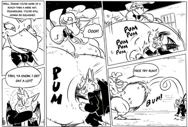 anthro back_wings belly belly_punching big_belly bow_tie clothed clothed_anthro clothed_male clothing dialogue duo fight fully_clothed fully_clothed_anthro fully_clothed_male huge_belly larger_male male obese obese_anthro obese_male overweight overweight_anthro overweight_male size_difference smug speech_bubble surprised text thong underwear wings wiping_face wiping_mouth wiping_nose reagan700 crytus_(character) taiho avian bat bird chicken galliform mammal phasianid 2019 black_and_white comic english_text monochrome