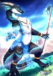 anthro blue_eyes bottomwear bracelet casting_spell clothing ear_fins feral fin fluffy fur fur_markings gem glowing glowing_eyes grass_field horn jewelry loincloth magic magic_user male markings mountain necklace pawpads sky solo spell staff standing weapon white_body wyverness mythology hido dragon mythological_creature mythological_scalie scalie hi_res signature