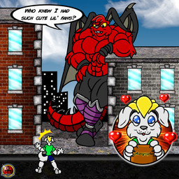 anthro big_muscles black_bottomwear black_clothing black_footwear black_pants black_shoes black_wings blonde_hair blue_bottomwear blue_clothing blue_shorts bottomwear building bulge city clothed clothed_anthro clothed_male clothing dialogue duo footwear fully_clothed fully_clothed_anthro fully_clothed_male fur green_clothing green_shirt green_topwear hair heart_symbol huge_muscles macro male male_anthro muscular muscular_anthro muscular_male pants red_body red_fur shirt shoes shorts speech_bubble text topless topless_anthro topless_male topwear white_body white_fur wings yellow_sclera anubiis_werewolf neopets silver_(aceretriever) tandrak_shaye canid canine canis darigan_neopet domestic_dog gelert_(neopets) mammal neopet_(species) 1:1 2024 digital_media_(artwork) english_text hi_res