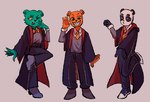 anthro black_body black_nose bottomwear clothed clothing green_body group gryffindor hogwarts_uniform necktie orange_body pants school_uniform shirt simple_background topwear uniform white_body dazs_gk harry_potter_(series) unicorn_wars achuchones_(unicorn_wars) pandi_(unicorn_wars) sonrisas_(unicorn_wars) bear giant_panda mammal 2023 hi_res