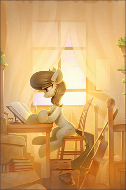 bed bedroom black_hair book bowed_string_instrument cello chair curtains cutie_mark desk female furniture hair inside light morning musical_instrument purple_eyes purse reading sitting smile solo string_instrument sunlight table window ramiras friendship_is_magic hasbro my_little_pony octavia_(mlp) earth_pony equid equine horse mammal pony 2017 hi_res