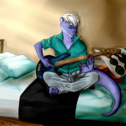 anthro bed biped cigarette clothed clothing electric_guitar fur furniture guitar hair male musical_instrument playing_guitar playing_music plucked_string_instrument sitting solo string_instrument mishabahl marius_(fursona) mammal mustelid otter 1:1 hi_res