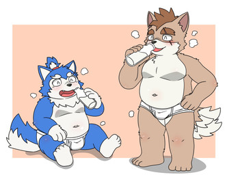 anthro blue_body blush briefs clothing drinking duo kemono male overweight overweight_male scar simple_background sitting standing tighty_whities underwear white_body white_briefs white_clothing white_underwear young letter_route canid canine canis domestic_dog mammal 2026 hi_res
