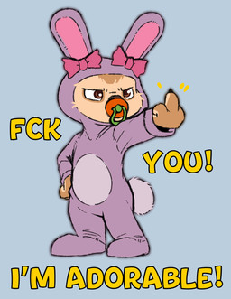 ageplay anthro bunny_costume clothing costume gesture hand_gesture hand_on_hip male middle_finger object_in_mouth onesie pacifier pacifier_in_mouth profanity roleplay solo standing text kuuneho disney zootopia finnick_(zootopia) canid canine fennec_fox fox mammal true_fox absurd_res hi_res