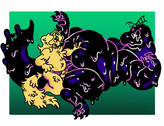 3_fingers 3_toes balls beard black_goo border claws duo erection eyelashes facial_hair feet fingers fur genitals gradient_background half-closed_eyes hand_on_another's_belly humanoid_genitalia humanoid_penis looking_at_another lying male male/male narrowed_eyes obese on_back open_mouth open_smile overweight pawpads penis red_eyes simple_background smile tail toes white_border yellow_body yellow_fur polychaete_(artist) felid feline goo_creature mammal 2023 digital_drawing_(artwork) digital_media_(artwork) hi_res shaded