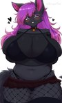 :3 anthro big_breasts bikini black_bikini black_body black_clothing black_fur black_swimwear blue_eyes blush breasts bulging_breasts clothing collar ear_piercing female fishnet_clothing fishnet_legwear fur grin hair huge_breasts legwear looking_at_viewer navel piercing pupils purple_hair simple_background slit_pupils smile solo spiked_collar spikes standing swimwear thick_thighs two-piece_swimsuit white_background kuru_tyan canid canine canis domestic_dog mammal hi_res