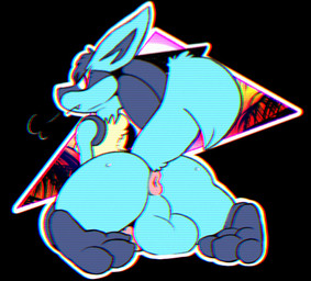 3_toes anthro anus backsack balls big_balls blue_body blue_fur bodily_fluids butt feet fur genitals hair hindpaw looking_at_viewer looking_back male paws penis red_eyes simple_background solo sweat synthwave toes backsash nintendo pokemon canid canine generation_4_pokemon lucario mammal pokemon_(species) 2020 chromatic_aberration digital_media_(artwork)