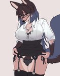 anthro big_breasts black_clothing black_hair black_panties black_underwear blue_highlights blush bodily_fluids bottomwear bra breasts chest_tuft clothed clothing clothing_lift female garter_belt garter_straps hair highlights_(coloring) lace_bra legwear markings mole_(marking) open_blouse panties pubes simple_background skirt skirt_lift solo stockings sweat sweatdrop tail tuft underwear uwu yellow_eyes j8k_s canid canine mammal absurd_res digital_media_(artwork) hi_res