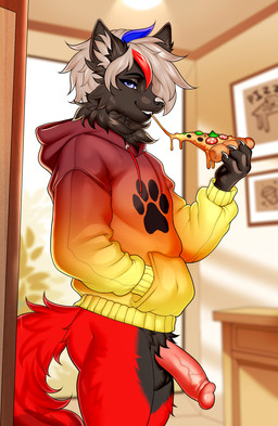 anthro balls black_body black_claws black_eyebrows black_fur black_nose blue_eyes blurred_background bottomless butt claws clothed clothing eating eyebrows eyelashes fingers food fur genitals hair half-erect holding_food holding_object holding_pizza hoodie hoodie_only humanoid_genitalia humanoid_penis inside male multicolored_hair penis pink_penis pizza pizza_slice red_body red_fur short_hair smile snout solo tail teeth topwear topwear_only vein veiny_penis manika_nika canid canine canis mammal wolf colored digital_drawing_(artwork) digital_media_(artwork) hi_res shaded