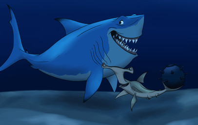 blue_background blue_body blue_fins blue_tail bomb dorsal_fin duo explosives feral fin grey_body grey_fin holding_object_with_tail male shark_tail shark_teeth simple_background tail underwater water macrolago disney finding_nemo pixar anchor_(finding_nemo) bruce_(finding_nemo) aquatic fish great_white_shark ground_shark hammerhead_shark mackerel_shark shark white_shark 2022 black_and_blue hi_res monochrome
