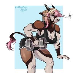 anthro athletic_wear bedroom_eyes big_breasts biped black_body black_fur blonde_hair bodily_fluids bottomwear bra breasts brown_body brown_fur cleavage clothed clothing dumbbell ear_piercing exercise facial_piercing female fur glistening glistening_body glistening_breasts glistening_hair gym_bottomwear gym_shorts hair holding_dumbbell holding_object horn huge_breasts leg_scar looking_at_viewer muscular muscular_female narrowed_eyes nose_piercing nose_ring piercing pink_hair ring_piercing scar seductive shorts simple_background solo sports_bra standing sweat sweatdrop tail topwear underwear weights white_body white_fur workout katfishcom victoria_(wyverexad) antelope bovid grazing_antelope mammal oryx 2025