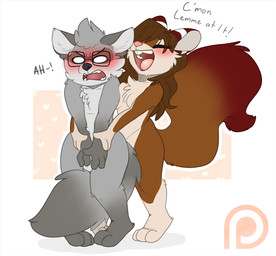 3_toes anthro balls black_nose blush dialogue duo embarrassed eyes_closed eyewear feet female fur genitals glasses hair male nude open_mouth patreon_logo pink_nose simple_background smile standing teeth text toes tongue backsash patreon mammal procyonid raccoon rodent sciurid tree_squirrel 2018 digital_media_(artwork) english_text hi_res