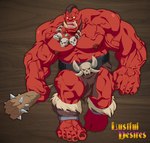 5_fingers 5_toes abs angry barazoku barefoot belt biceps breechcloth club_(weapon) deltoids feet fingers forearm_muscles glowing glowing_eyes jewelry logo male melee_weapon mohawk muscular muscular_male muscular_thighs necklace nipples not_furry open_mouth pecs quads red_body red_skin roaring shin_guards simple_background skull_belt skull_necklace solo spiked_club toes tusks vein veiny_muscles walking weapon yellow_eyes zoroj lustful_desires humanoid orc 2020