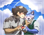 anthro blush clothed clothing duo fur hair kissing male male/male open_mouth simple_background smile tem1tem canid canine canis felid lion mammal pantherine wolf digital_media_(artwork)