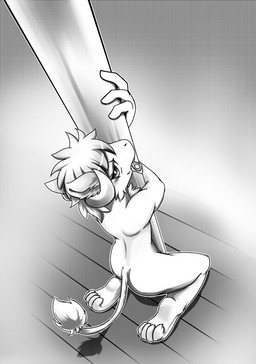 anthro butt cheek_tuft closed_smile condom condom_in_mouth dancing facial_tuft fur glistening glistening_hair hair high-angle_view horn kneeling looking_at_viewer looking_up looking_up_at_viewer male mouth_closed mouth_hold narrowed_eyes nude object_in_mouth on_ground pole pole_dancing seductive sexual_barrier_device short_hair smile solo tail tail_tuft three-quarter_view tuft unused_condom wrapped_condom kuttoyaki mythology dragon furred_dragon furred_scalie mythological_creature mythological_scalie scalie monochrome