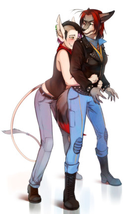 anthro black_hair brown_hair clothed clothing duo ear_piercing facial_piercing female fur grey_body grey_fur hair half-closed_eyes hug humanoid_on_anthro lip_piercing mohawk narrowed_eyes piercing simple_background smile standing teeth white_background totesfleisch8 fallout microsoft canid canine canis elf humanoid hybrid mammal wolf hi_res
