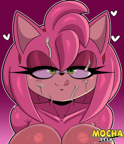 anthro bedroom_eyes big_breasts blush blush_lines bodily_fluids breasts cum cum_on_face eyelashes female front_view genital_fluids glistening_eyelids green_eyes hair licking licking_lips licking_own_lips long_eyelashes looking_at_viewer narrowed_eyes nude pink_body pink_hair seductive simple_background solo tongue tongue_out mocha-draws sega sonic_the_hedgehog_(series) amy_rose eulipotyphlan hedgehog mammal absurd_res hi_res
