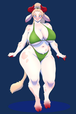 anthro big_breasts bikini blind_eye blue_eyes bovid_horn bovine_horn breasts bull_horn clothed clothing digitigrade eyebrows female fur fur_markings hair hooves horn long_ears long_hair long_ponytail long_tail looking_at_viewer markings navel ponytail red_body red_fur red_horn skimpy snout solo spots spotted_body spotted_fur swimwear tail tan_body tan_fur tan_hair tan_spots thick_thighs two-piece_swimsuit under_boob white_body white_fur wide_hips lazerwizz fan_character bovid bovine cattle mammal absurd_res alpha_channel hi_res story story_in_description