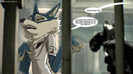 anthro bandage clothed clothing dialogue duo gun handgun humor offscreen_character pistol ranged_weapon speech_bubble text weapon sir_paulus capcom illumination_entertainment resident_evil resident_evil_requiem sing_(movie) leon_kennedy porsha_crystal canid canine canis human mammal wolf 16:9 2026 english_text signature widescreen