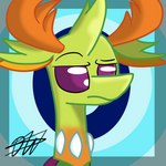 blue_background green_body horn male orange_horn purple_eyes simple_background solo spiral phalanx_b_deer friendship_is_magic hasbro my_little_pony thorax_(mlp) arthropod changeling 1:1 2017 hi_res