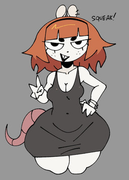 anthro bangs black_eyebrows bracelet breasts buckteeth circle_eyebrows cleavage clothed clothed_anthro clothed_female clothing collarbone dress ear_piercing eyebrows eyelashes female female_anthro fingers freckled_face freckles front_view gesture grey_background grey_clothing grey_dress hair hand_gesture hand_on_hip jewelry long_eyelashes narrowed_eyes navel_outline open_mouth open_smile orange_hair pear-shaped_figure piercing pink_tail simple_background smile solo tail teeth v_sign white_body white_sclera wide_hipped_anthro wide_hipped_female wide_hips xarop77 mammal mouse murid murine rodent 2025 digital_drawing_(artwork) digital_media_(artwork) portrait three-quarter_portrait
