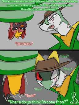 angry clothing coiling cowboy_hat dialogue duo eye_scar facial_scar feral glare glaring glaring_at_another hat headgear headwear hissing male scar scared scarf shitpost simple_background text yelling vanilla_road nintendo pokemon pokemon_mystery_dungeon spike_chunsoft ivy_(vanilla_road) canid canine canis domestic_dog generation_5_pokemon generation_9_pokemon mammal maschiff mastiff molosser pokemon_(species) reptile scalie serperior snake 3:4 absurd_res comic english_text hi_res meme signature