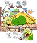 anthro belly big_belly big_breasts bound breasts female group imminent_vore larger_female outside overweight size_difference text trio yellow_body yellow_sclera lewdlemage capcom monster_hunter great_jagras 2020 english_text hi_res