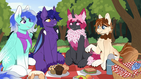 banana basket bedding blanket container cutie_mark feathered_wings feathers female feral food forest fruit group hair male mango_(fruit) membrane_(anatomy) membranous_wings muffin outside picnic picnic_basket plant sandwich_(food) smile strawberry tree wings miramore friendship_is_magic hasbro my_little_pony mythology allium_amare bat_pony changeling_(mlp) earth_pony equid equine horse mammal mythological_creature mythological_equine pegasus pony 16:9 digital_media_(artwork) hi_res widescreen